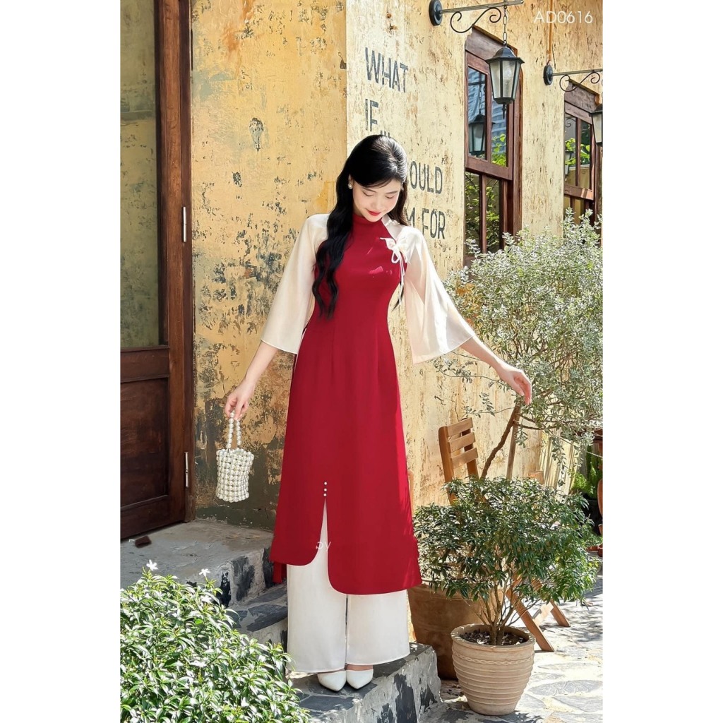 Set áo dài cách tân - Áo dài Tết cổ tàu xéo tay loe phối đỏ trắng đính nơ phù hợp mặc Tết và du xuân HK Shop | BigBuy360 - bigbuy360.vn