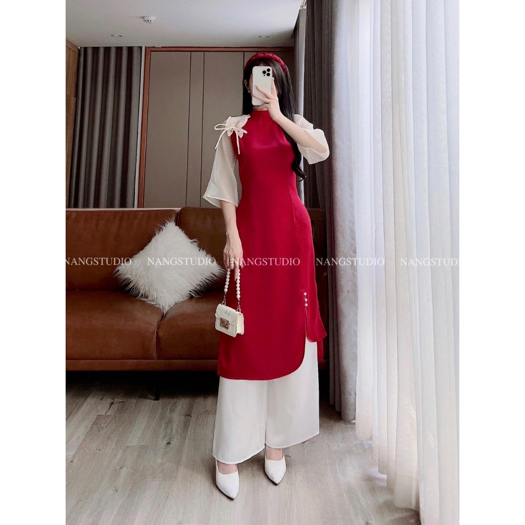 Set áo dài cách tân - Áo dài Tết cổ tàu xéo tay loe phối đỏ trắng đính nơ phù hợp mặc Tết và du xuân HK Shop | BigBuy360 - bigbuy360.vn