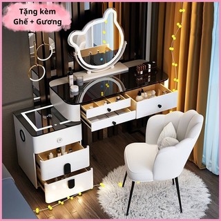 Bàn Phấn, Bàn Trang Điểm Gấu Thông Minh nhập khẩu 100cm Sạc Không Dây Gương Led Cảm Ứng 3 màu, Loa Bluetooth, 2 Cổng USB