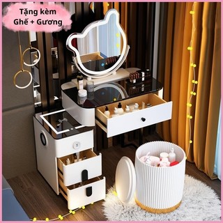 Bàn Phấn, Bàn Trang Điểm Gấu Thông Minh 70cm,Sạc Không Dây Gương Led Cảm Ứng 3 màu, Loa Bluetooth, 2 Cổng USB T03