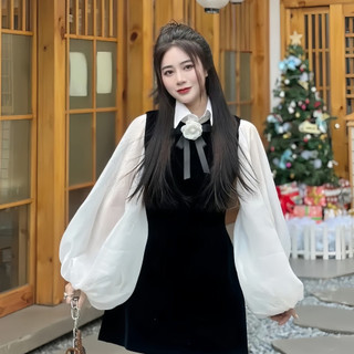 Sét áo sơ mi tay bồng kèm yếm váy nhung, Set 3 món váy nhung tiểu thư tiểu thư bánh bèo phối áo sơ mi GiGi Store