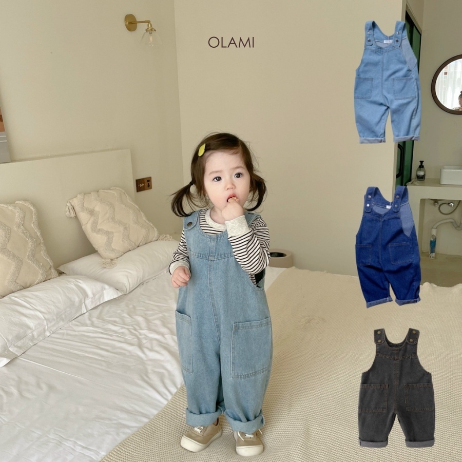 Yếm jean bé trai bé gái OLAMI KIDS yếm bò trẻ em dáng dài, dáng hàn đi học đi chơi cho bé