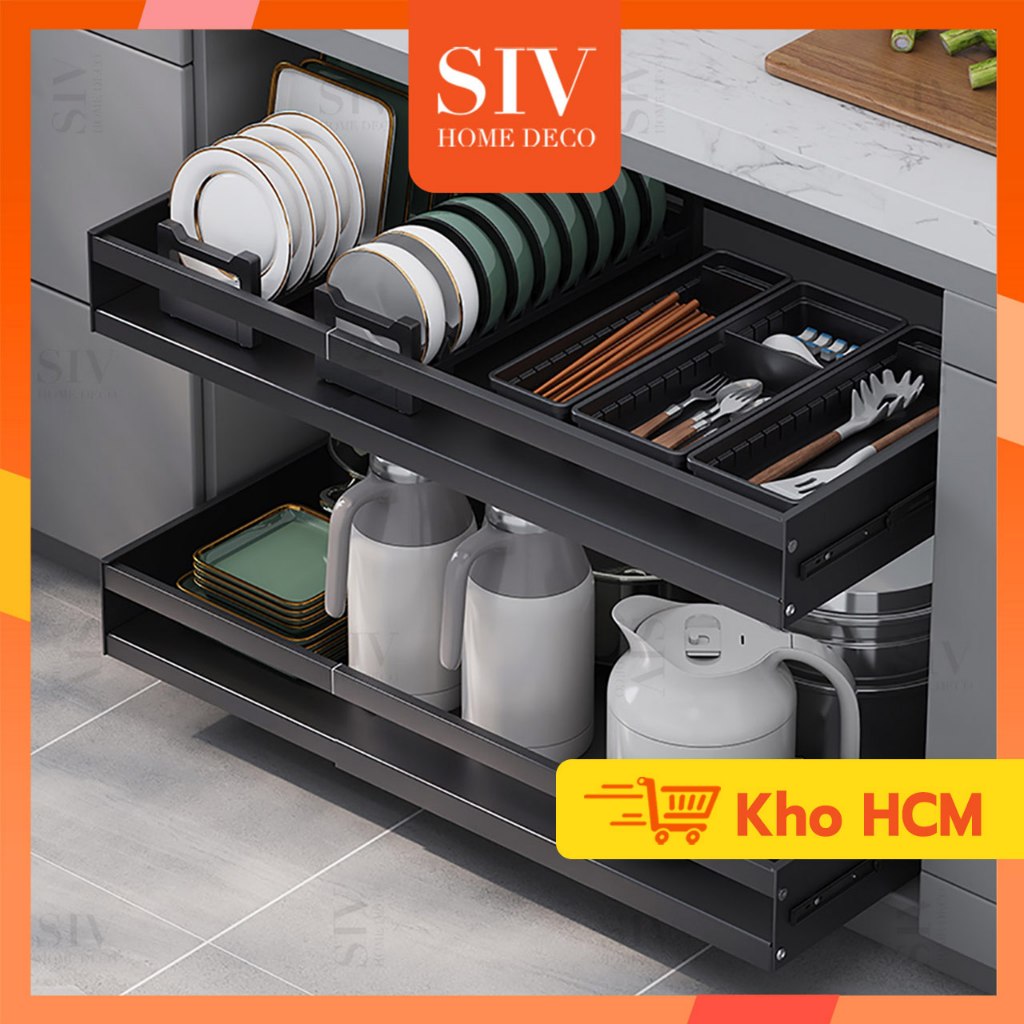 Giá kéo bát đĩa đa năng SIV Có thể điều chỉnh chiều ngang và kéo ra vào ạ kệ xoong nồi 1/2 tầng,Giá kéo xoong nồi