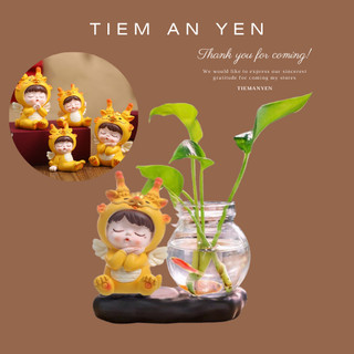 Bình thủy sinh kèm tượng Em bé Rồng vàng Tiệm An Yên dùng để trang trí bàn làm việc quà tặng