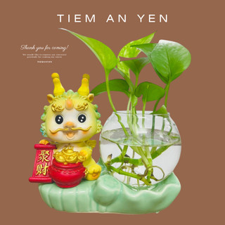 Bình thủy sinh Mô hình Rồng vàng May mắn 2 sừng đế men ngọc Tiệm An Yên biểu tượng phát tài,cầu phúc dùng trang trí