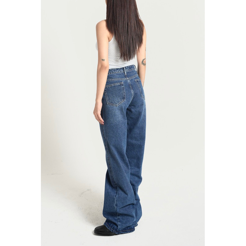 QUẦN JEANS SUÔNG RỘNG LƯNG CAO - XANH ĐÁ BẠC