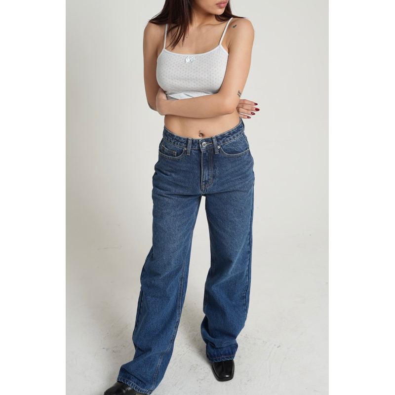 QUẦN JEANS SUÔNG RỘNG LƯNG CAO - XANH ĐÁ BẠC