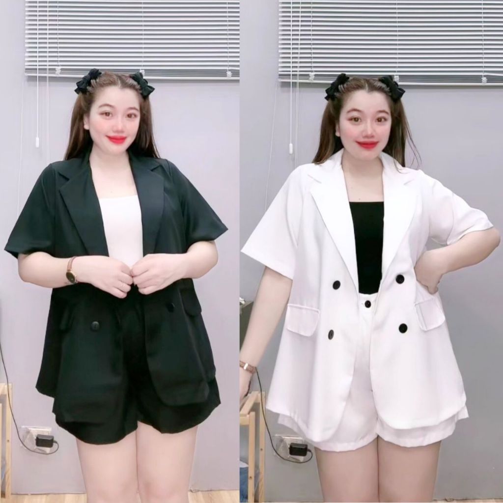 Set bộ bigsize nữ áo vest ngắn tay dáng blazer cách điệu kèm quần lung thun cạp cao vải cotton lạnh sang chảnh SET VET