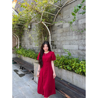 Đầm linen gân đỏ chít ly nổi