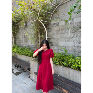 Đầm linen gân đỏ chít ly nổi