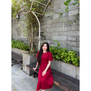 Đầm linen gân đỏ chít ly nổi