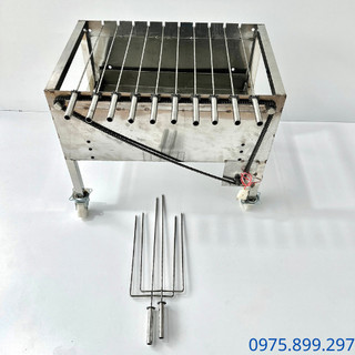 Bếp nướng than hoa lò quay gà vịt mô tơ tự động 10 xiên INOX - tặng 10 xiên đơn và 2 xiên 3