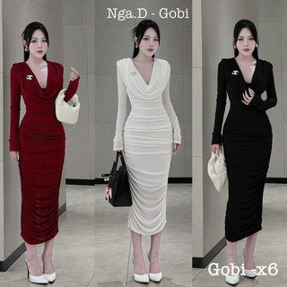 Đầm body nhún cổ đổ dáng dài sang chảnh, váy body nhún eo siêu tôn dáng