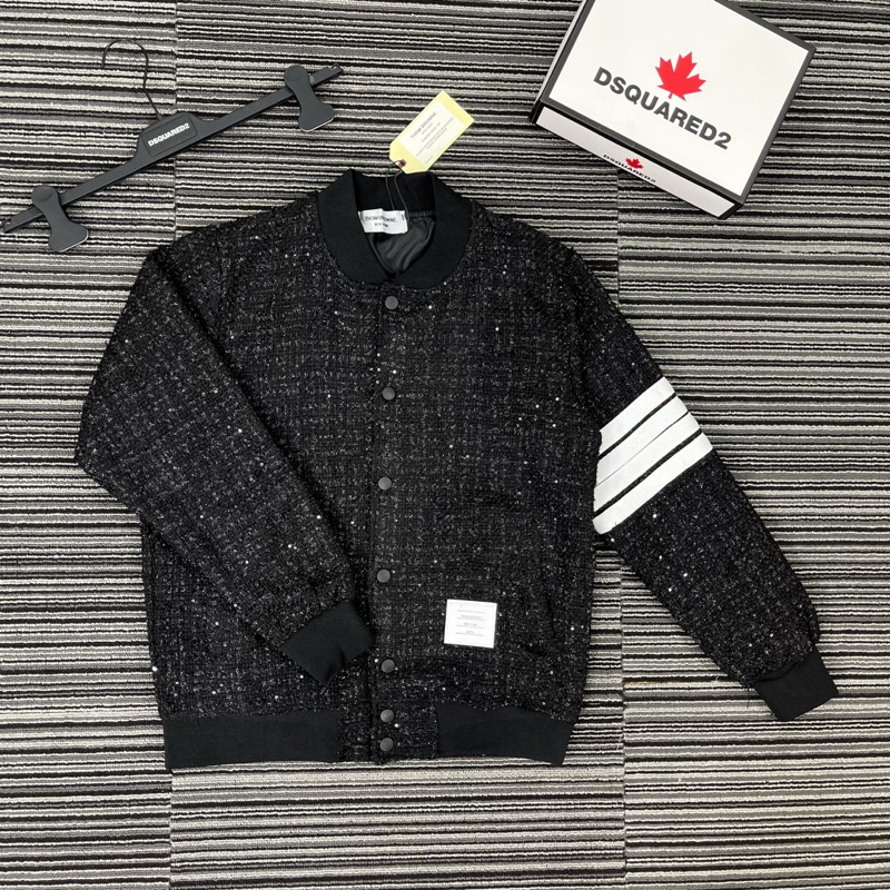 Áo khoác bomber nam nữ Thom Browne vải dạ đan kim tuyến