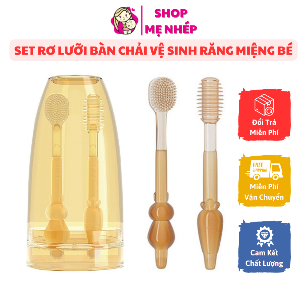 Set Rơ Lưỡi Cho Bé Và Bàn Chải Đánh Răng Cho Bé Sơ Sinh 0 - 24 Tháng Được Làm Từ Silicon (Kèm Cốc Đựng)