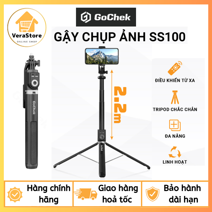 Gậy Chụp Ảnh Tripod/ Selfie Bluetooth Điện Thoại Gochek SS100, Livestream, Vlog Đa Năng Kéo Dài 2m2 , Bảo Hành 1 Năm