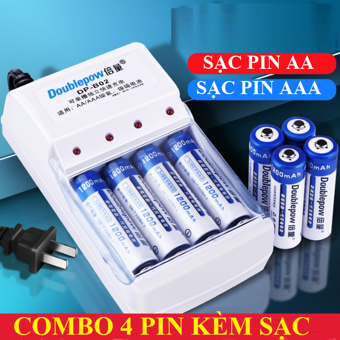 COMBO 4 pin tiểu sạc lại Douplepow công suất thực pin sạc aa pin sạc aaa pin tiểu pin đũa pin sạc