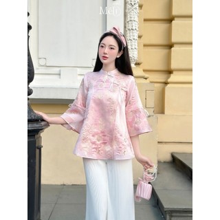  Set Hoa Viên - Chất liệu: Tơ hồng họa tiết hoa, phom dáng: suông ngắn tay lỡ - Thiết Kế Méli