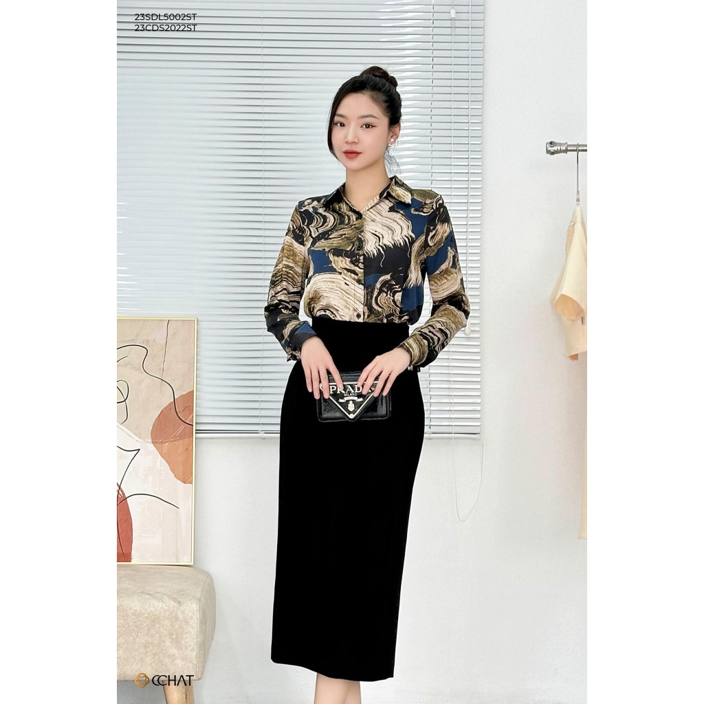 Áo Sơ Mi Nữ 𝐂𝐂𝐇𝐀𝐓 Dáng Suông Họa Tiết Basic Trendy Chất Lụa Cao Cấp 23SDL5002ST