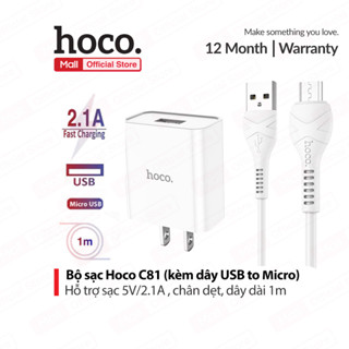 Bộ sạc Usb to Micro Hoco C81 sạc 5V/2.1A , dây dài 1m , chân dẹt