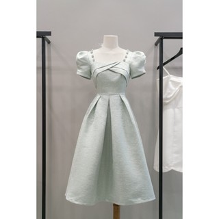 Váy cổ vuông đáp chéo đính khuy màu xanh TIINSTORE VHN991