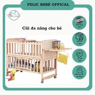 Cũi gỗ em bé kèm đệm, nôi cũi bập bênh 2 tầng đa năng cho bé sơ sinh