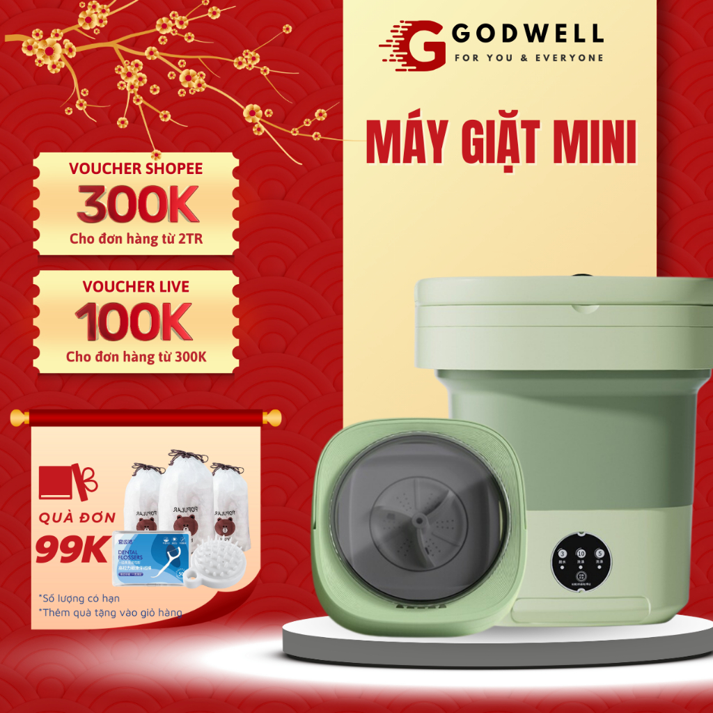 Máy giặt mini gấp gọn công suất 36W ánh sáng xanh khử khuẩn giặt vắt đồ lót tất vớ quần áo tự động GODWELL