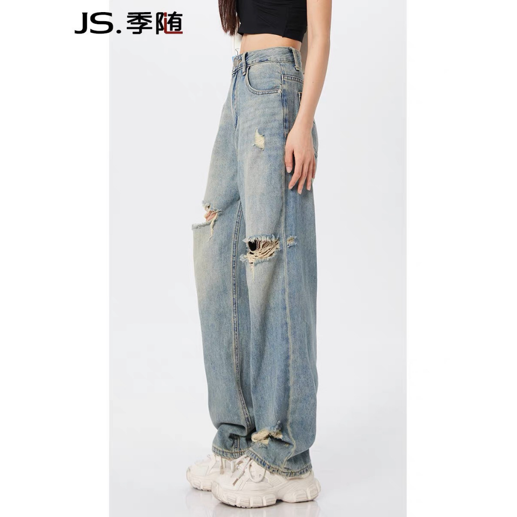 Quần ống rộng rách, Quần jeans bò ống rộng rách gối dáng suông màu xanh phong cách hàn quốc siêu xinh S 07