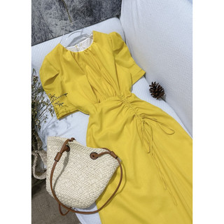 Đầm Linen cổ tròn rút dây eo
