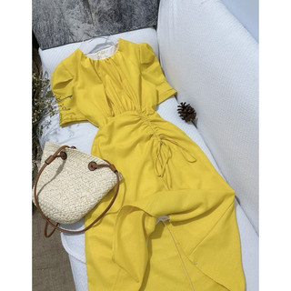 Đầm Linen cổ tròn rút dây eo