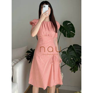 Đầm Linen cổ tròn rút dây eo