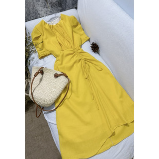 Đầm Linen cổ tròn rút dây eo