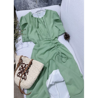 Đầm Linen cổ tròn rút dây eo