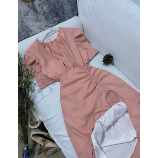 Đầm Linen cổ tròn rút dây eo