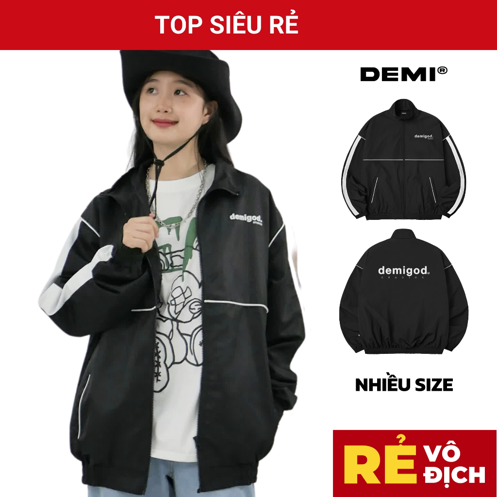Áo khoác form rộng nam nữ giá rẻ DEMI vải dù 2 lớp, cổ trụ màu đen tay phối sọc trắng| DE-AK64