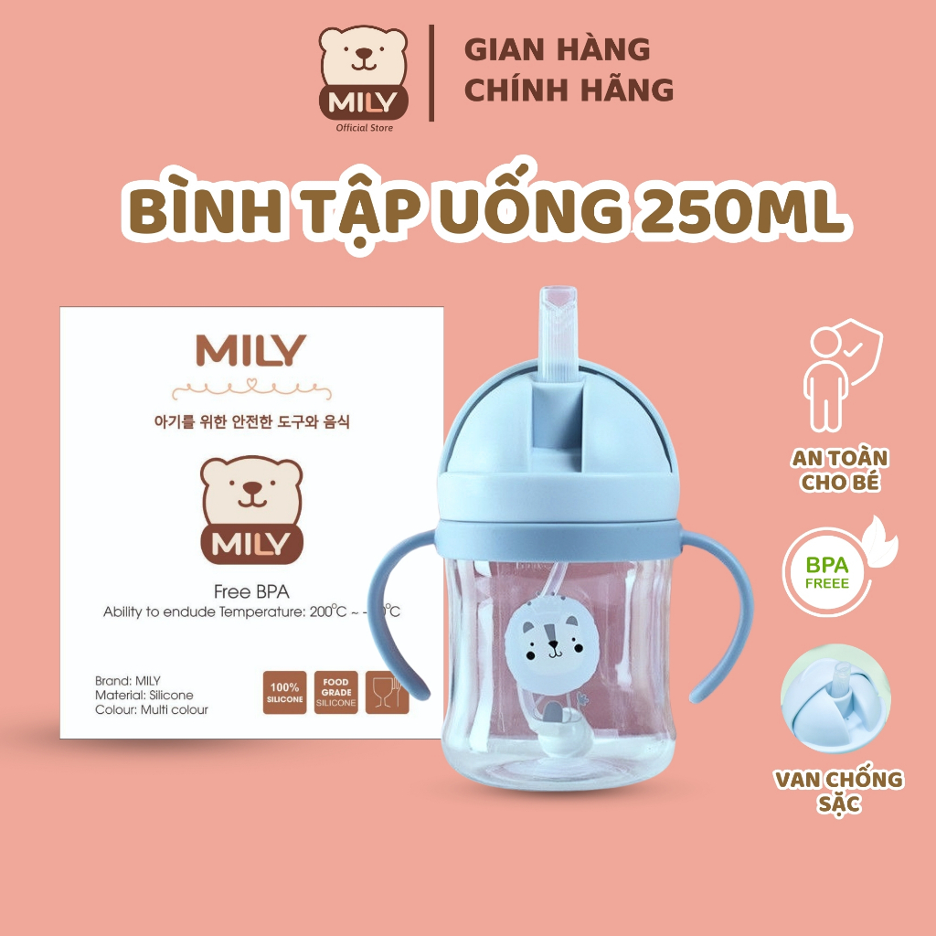 Bình Uống Nước 250Ml ( Đọc Kĩ Hướng Dẫn Sd) Chính Hãng Mily Có Van Chống Sặc, Tay Cầm Nhựa Pp Pc An Toàn.