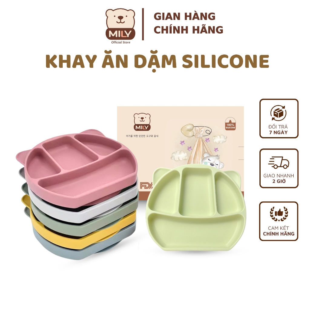 Khay ăn dặm chính hãng Mily 4 ngăn hình tai gấu có đế hít chống đổ làm từ silicon.