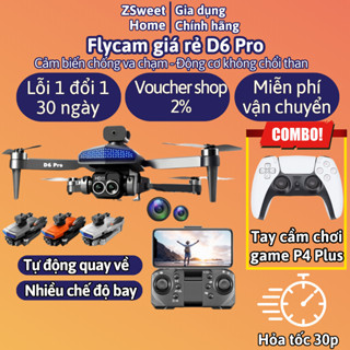 Drone, Flycam D6 Pro pin trâu tích hợp định vị GPS và cảm biến chống va chạm, Play cam động cơ không chổi than camera 8K