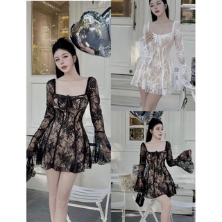 ĐẦM THIẾT KẾ REN CỔ VUÔNG TAY LOE DÁNG NGẮN TIỂU THƯ