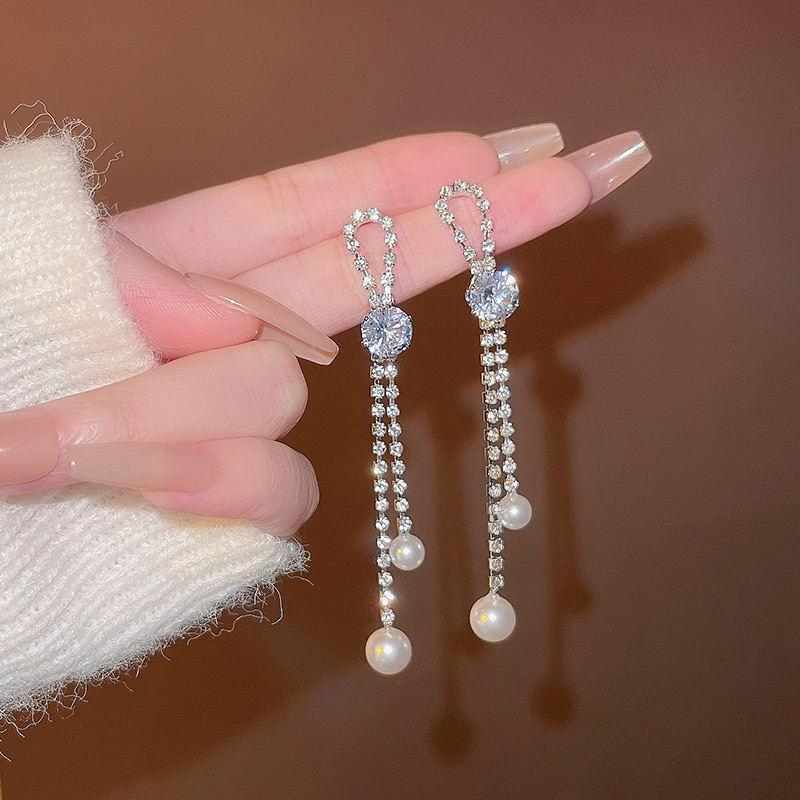 (Chuôi bạc 925) E366 khuyên tai bông tai nữ ngọc thả dài đẹp dự tiệc sang