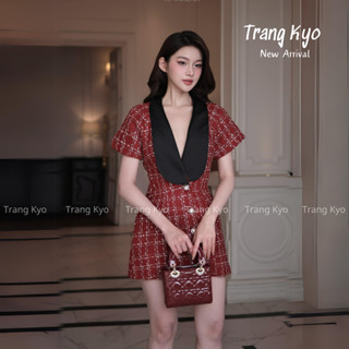 Đầm Váy Dạ Dáng Ngắn Nơ Sau Cổ Lá Trang Kyo Váy Dạ Đỏ Caro Dáng Xoè Ngắn Tay Đầm Dạ Đông Xuân Tết VBB4093