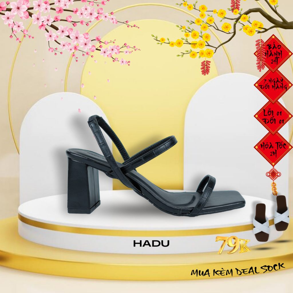 [Form nhỏ tăng 1 size] Giày Sandal Gót Vuông 5P Da Vân C.S Quai Ngang HADU HS702 Bảo Hành 12T