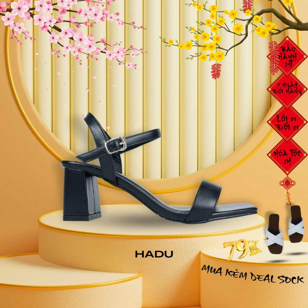 [Form nhỏ tăng 1 size] Giày Sandal Gót Vuông 5P Quai Ngang HADU HS502 Bảo Hành 12T