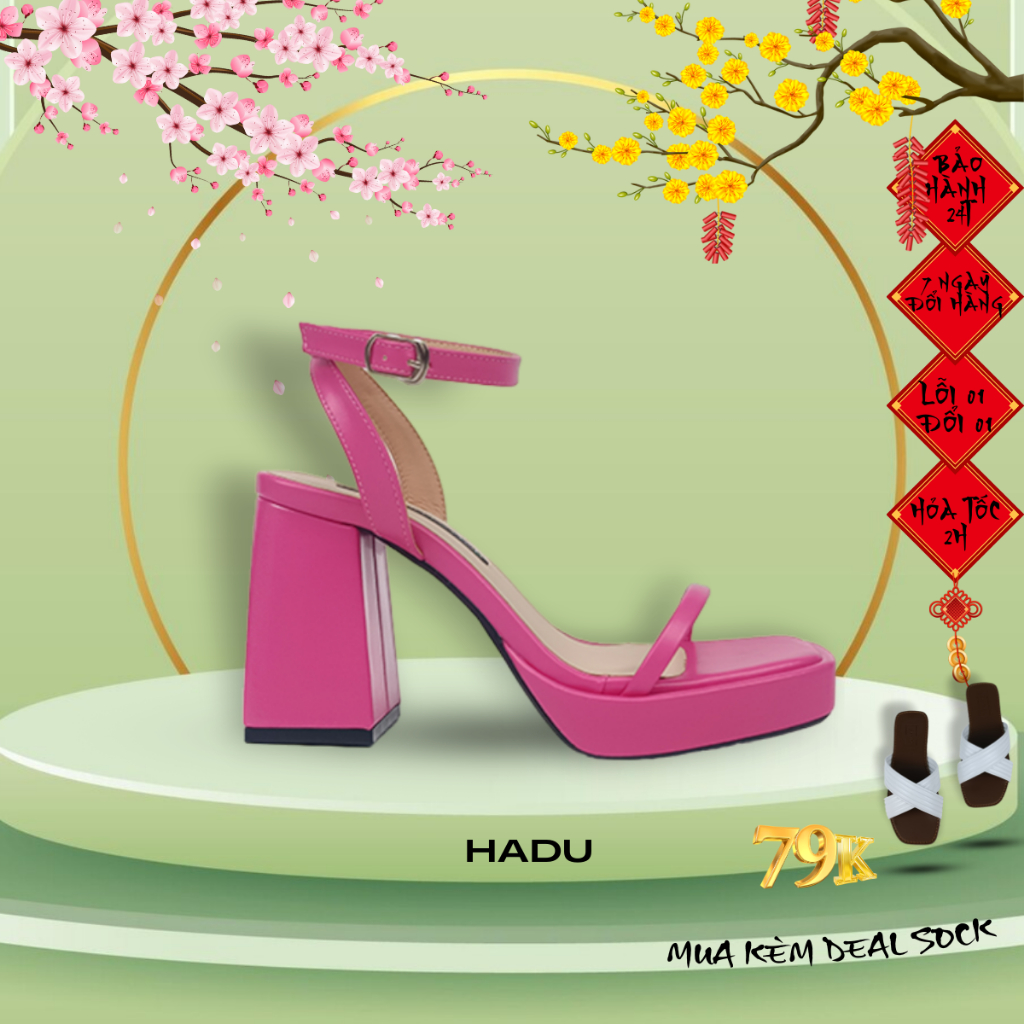 Giày Sandal Gót Vuông 9P Quai Ngang Dây Mảnh Đúp Trước 3P HADU M949, BH 24 Tháng