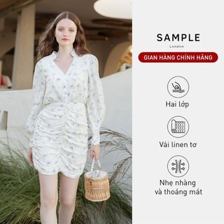 Đầm Meghan cổ V nhún thân Sample London Vải linen tơ, hai lớp, Nhẹ nhàng và thoáng mát