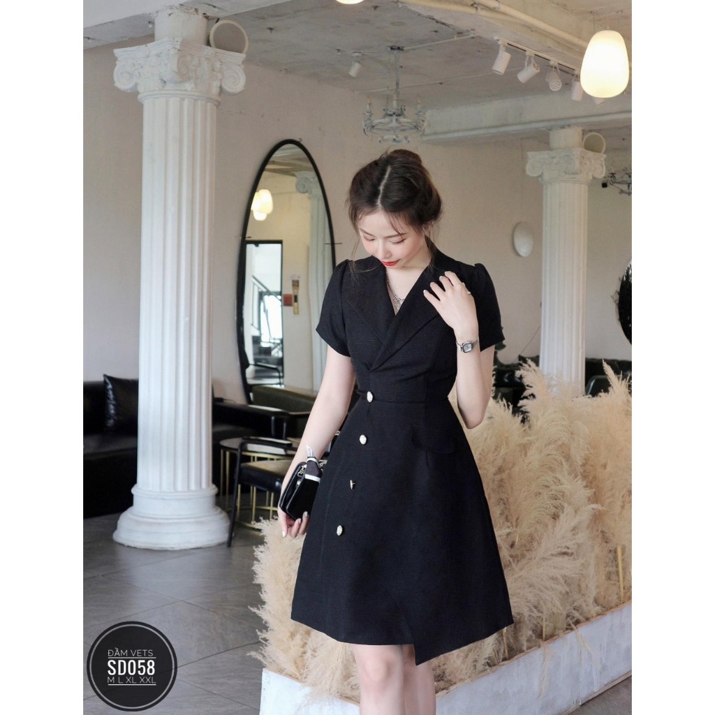 Đầm vest đen dự tiệc sang trọng tay ngắn đẹp thanh lịch thiết kế cao cấp công sở đi tiệc đi làm eo t