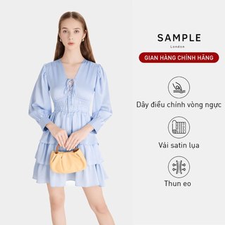 Đầm Ella cổ V 3 tầng Sample London vải satin lụa, thun eo, dây điều chỉnh vòng ngực