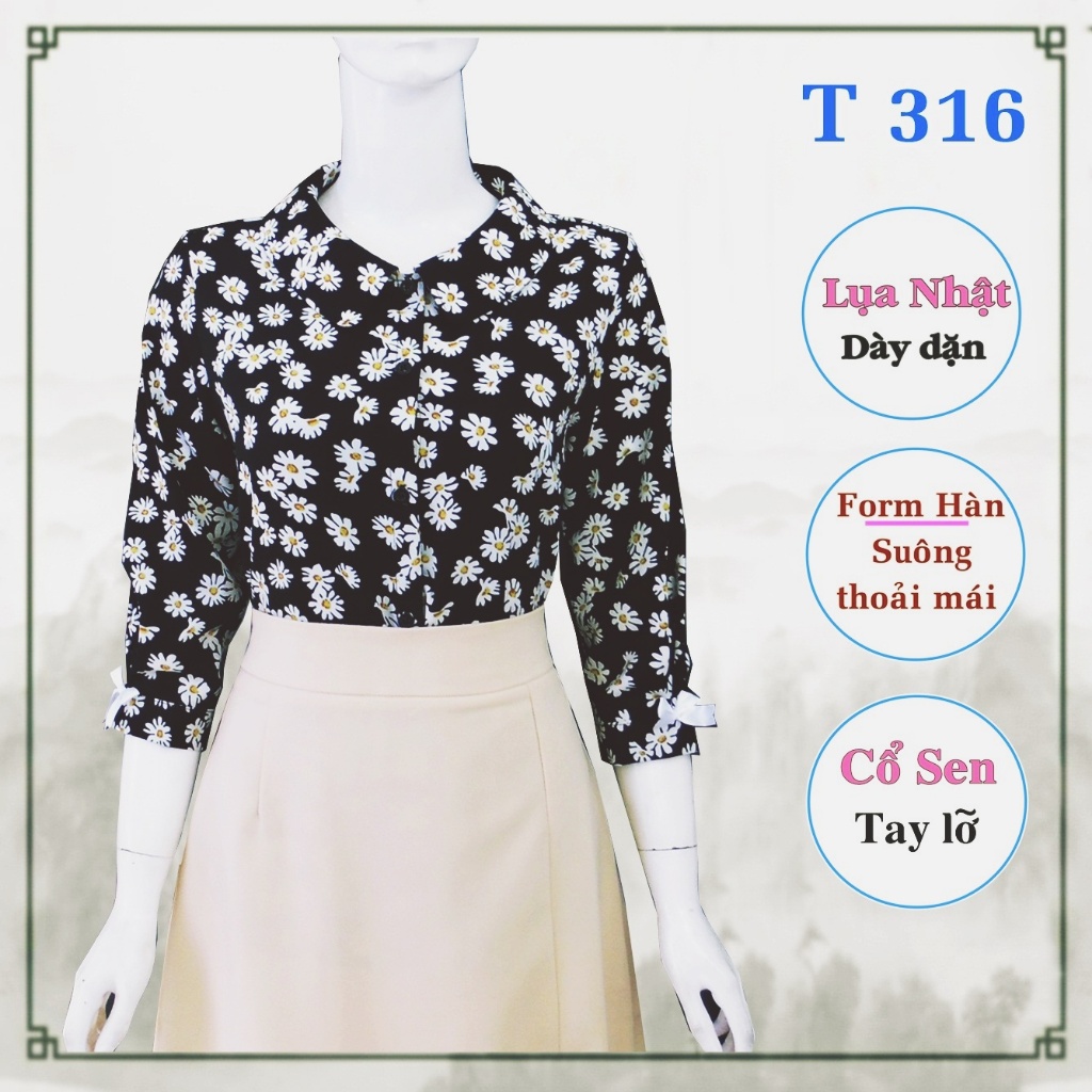 Áo nữ cổ sen, tay lỡ, lụa đen hoa cúc trắng _ T 316