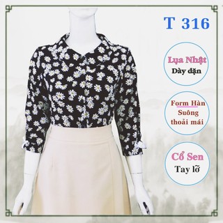 Áo nữ cổ sen, tay lỡ, lụa đen hoa cúc trắng _ t 316