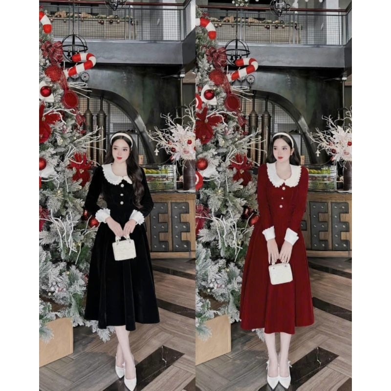 Đầm nhung đỏ đen thời trang nữ mặc đi chơi cổ áo bèo dài tay phối bèo